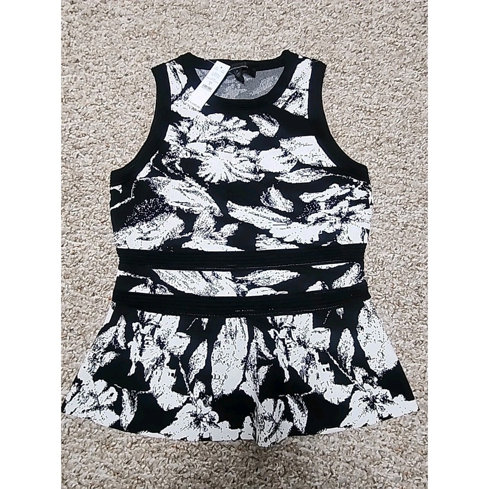 White House Black Market Elena Floral Tank Sweater Black‎ White Small NWT